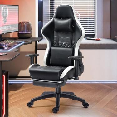 Imagem de HGTRH Cadeira de jogos grande e alta, cadeira ergonômica para computador com apoio para os pés e suporte lombar de massagem, encosto alto, confortável, para adultos, 159 kg, couro sintético para jogos