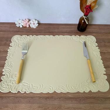 Imagem de Jogo Americano Couro Ecológico Impermeável Retangular Mesa Posta Sousplat Jantar (4, Creme)