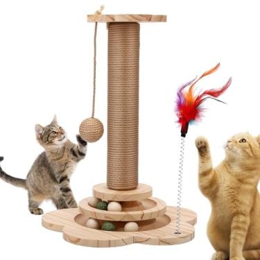 Imagem de Poste arranhador para gatos, torre de gato, torre de gato com poste de arranhar, árvore de madeira para gatos com base de impermeabilização de madeira maciça, brinquedo para gatos e bola interativa