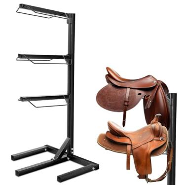 Imagem de Abbylike Suporte de sela de 3 níveis para cavalos, suporte de sela resistente, suporte estável de armazenamento para cavalos ingleses ocidentais, organizador de armazenamento, acessórios de barraca