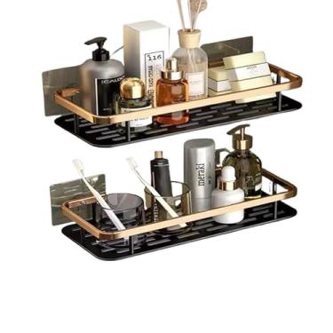 Imagem de Prateleiras Para Casa De Banho Sem Furos, AlumíNio, Suportes Para Casa De Banho E AcessóRios Para Casa De Banho(KIT 2-Preto ouro Retângulo)