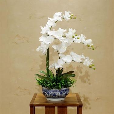 Imagem de LMJYU Conjunto de orquídeas falsas com vaso de porcelana flor artificial PU Phalaenopsis flores artificiais 60 cm orquídea artificial