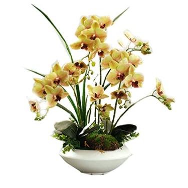 Imagem de YYBOES Flores artificiais para decoração 3D borboleta artificial orquídea arranjos de flores artificiais orquídeas de látex com vaso de cerâmica para decoração de casa flor artificial