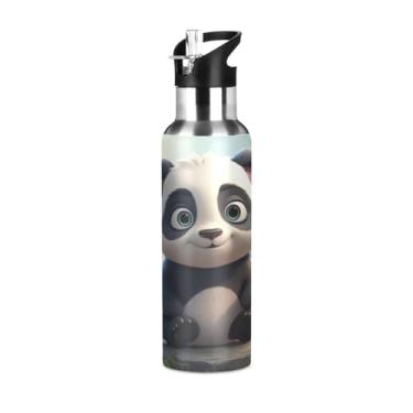 Imagem de Wassud Garrafa de água Forest Panda de aço inoxidável esportiva garrafa de água com isolamento de canudo copo portátil de viagem 947 ml