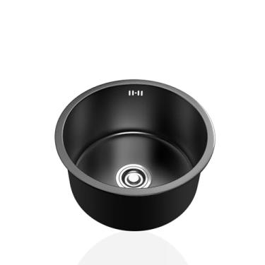 Imagem de PVXMQFFA Mini pia de cozinha preta, pia redonda de aço inoxidável 304, pias pequenas, pia de caravana de tigela única com encaixes de escorredor e transbordamento para bar restaurante, montagem