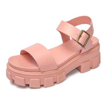 Imagem de Luffymomo Sandálias femininas plataforma plataforma sola saliente sandália ajustável tira no tornozelo salto grosso, Rosa claro, 40