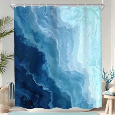 Imagem de KOMLLEX Cortina de chuveiro azul azul-petróleo ondas do oceano para decoração de banheiro 152 x 183 cm de altura, praia, mar, náutico, abstrato, moderno, litoral, verão, Havaí, natureza, tecido