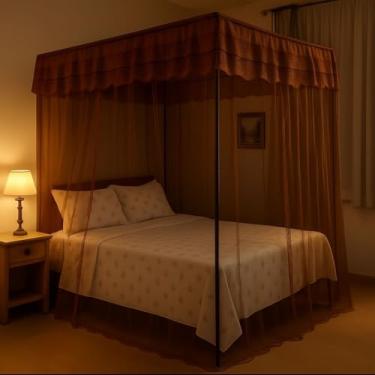 Imagem de Mosquiteiro Palácio com Armação para Cama Casal Box Queen, Cortinado com Abertura Lateral(MARROM)
