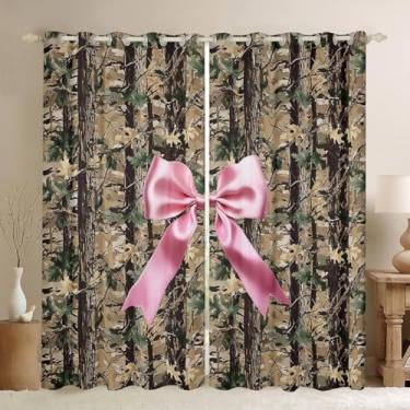 Imagem de Erosebridal Cortinas de janela com laço 96,5 cm L x 137 C, 2 painéis cortinas blackout camufladas para crianças, meninas, meninos, caça, floresta, laço, fita, vida selvagem, veado, marrom, rosa, leve
