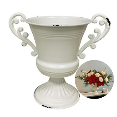 Imagem de Vaso de urna europeu chique gasto de 21 cm, corpo de metal vintage envelhecido com alças duplas de ferro fundido pesado, peça central de fazenda romântica para decoração de cornija ou mesa