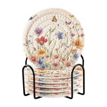 Imagem de SEHANY Elegante conjunto de 6 porta-copos de flores de borboleta com suporte, porta-copos redondos absorventes de algodão resistente ao calor para mesa de jantar, canecas de café, 10 cm