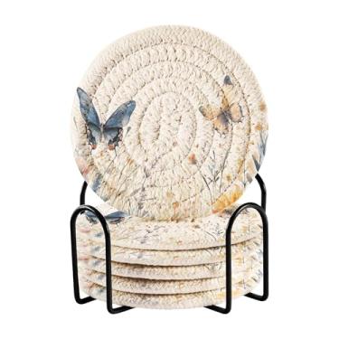 Imagem de SEHANY Elegante conjunto de 6 porta-copos de flores de borboleta com suporte, porta-copos redondos absorventes de algodão resistente ao calor para mesa de jantar, canecas de café, 10 cm