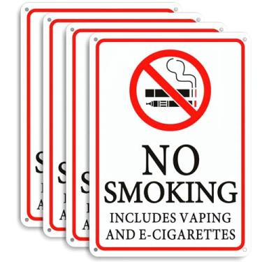 Imagem de Pacote com 4 placas para não fumar, não vaping. O tamanho é de 25 x 18 cm. São placas refletivas de metal de alumínio, fáceis de instalar, com 4 furos pré-perfurados, adequados para uso interno e