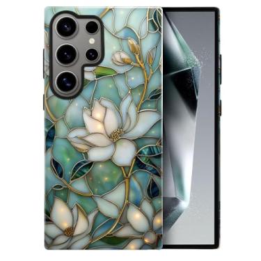 Imagem de heindiy Compatível com Samsung Galaxy S24 Ultra, capa brilhante, proteção total, à prova de choque, anti-arranhões, capa de TPU, capas para homens e mulheres - flores de magnólia vintage