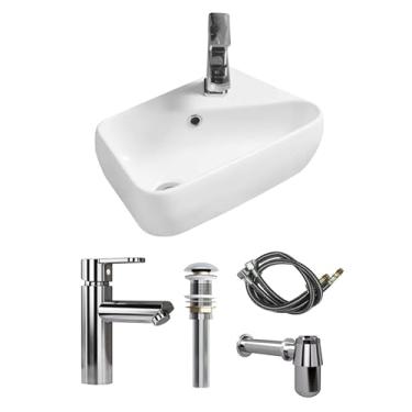 Imagem de MEJE Lavatório de canto de banheiro pendurado na parede de 45,7 cm, pia de banheiro pequena, lavatório retangular branco de cerâmica (mão direita)