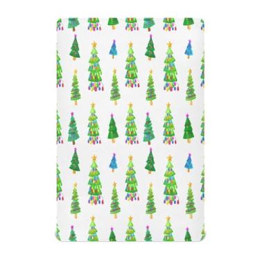 Imagem de Qilmy Lençóis de berço de árvores de Natal, macio e respirável, de microfibra elástica, lençol com elástico para meninos e meninas, 132 x 71 cm, capa de colchão infantil portátil