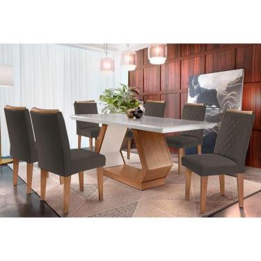 Imagem de Sala De Jantar Completa Alvorada Tampo Madeirado C- Vidro Canto Reto 180x90cm E 6 Cadeiras Jade Imbuia-off White - Suede Grafite - Rufato