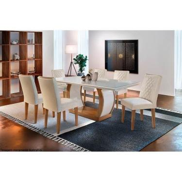 Imagem de Kit Mesa C/ Tampo Vidro Canto Reto 180cm + 6 Cadeiras Imbuia Creme