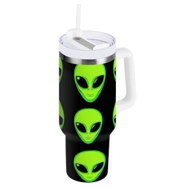 Imagem de ODAWA Copo isolado a vácuo grande com canudo e alça, verde alienígenas preto isolado copo de viagem