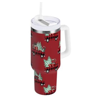 Imagem de Copo de água com isolamento de caminhão de Natal xadrez vermelho de 850 g com alça e tampa de palha, copo isolado a vácuo com tampa 2 em 1