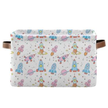 Imagem de Recipientes de armazenamento dobráveis – Bolsa organizadora de tecido retangular para banheiro, roupas fofas pastel branco foguete 1 pacote