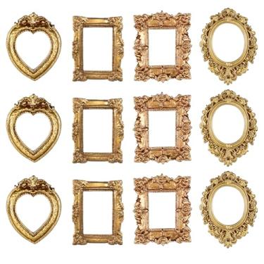 Imagem de Qianyu 12 porta-retratos vintage pequenos enfeites de mesa de exibição de joias de resina barroco antigo enfeite de parede retangular oval pequeno decoração de casamento para festa de Natal DIY (ouro)