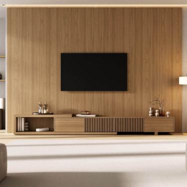 Imagem de Rack Extensível com Painel para Tv até 86 Polegadas Ripado 320x250cm Aruá Cabecasa Madeiraoriginals Jatoba