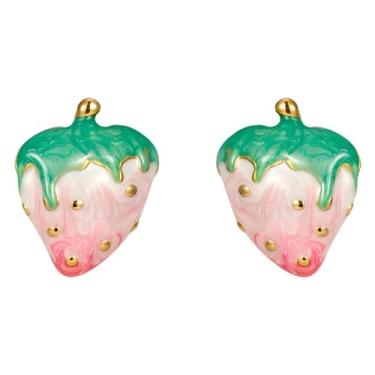 Imagem de Brincos elegantes de morango para mulheres, dourados, requintados, rosa, verde, esmaltados, folhas, brincos delicados, acessórios de vestido de festa de casamento, joias