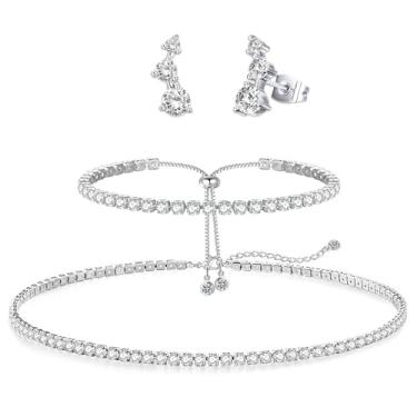 Imagem de ElegGlo Conjunto de joias de tênis para mulheres, brincos de pulseira de colar de cristal delicados, acessórios hipoalergênicos para festas de casamento e formatura