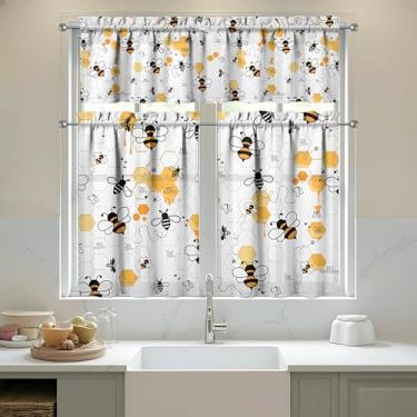 Imagem de sgqjdpmc Conjunto de 3 cortinas e sanefas de cozinha de abelha para decoração de cozinha, janelas sobre a pia, cortinas de arte de fazenda, 70 x 91 cm