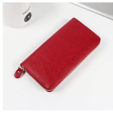 Imagem de Carteira feminina de couro genuíno com dobra dupla/tripla - Suporte minimalista para cartão de crédito com bloqueio de RFID e bolso para moedas, Vermelho, Casual