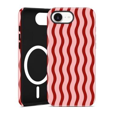 Imagem de Jusy Compatível com MagSafe Capa de telefone listrada ondulada para iPhone 16e, linda estética magnética macia TPU e capa protetora de policarbonato rígido para mulheres e meninas (fosco) - vermelho