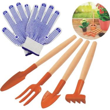 Imagem de Kit Conjunto Mini Para Jardinagem 4 Peças Cabo Madeira + Luva Pigmentada | Tramontina