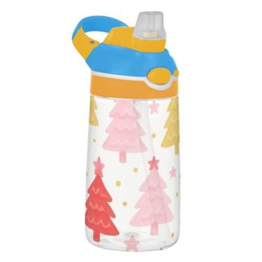 Imagem de Garrafa de água infantil de 473 ml com tampa de palha, garrafa de água esportiva Tritan portátil de 473 ml, copo infantil reutilizável à prova de vazamento, alça de transporte, lindas árvores de Natal