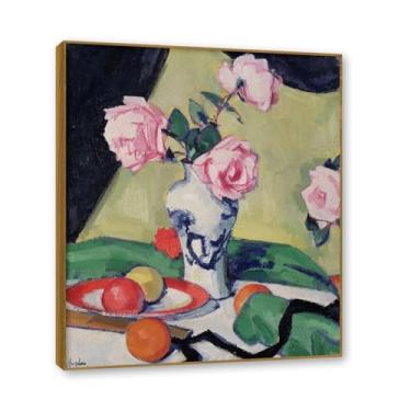 Imagem de NHLDZYH Moldura de madeira de teca. Flores clássicas Natureza Morta Tela Retrô Buquê de Flores Pintura Estilo Country Decoração de Parede para Cozinha e Sala de estar. B42. 30 x 36 cm