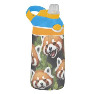 Imagem de Adorável garrafa de água esportiva infantil com rostos de guaxinim marrom para escola, 473 ml, garrafa de água Tritan de 473 ml com canudo, copo infantil à prova de vazamento, reutilizável, alça de