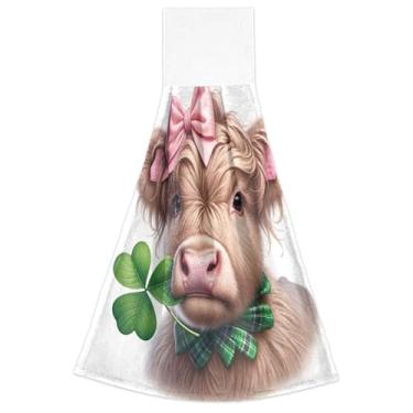 Imagem de Joisal Lindas toalhas de mão de trevo de vaca Highland com laços para pendurar toalhas de dedo de forno toalhas de cozinha decorativas macias absorventes conjunto de 2, 45 x 35 cm