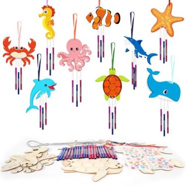 Imagem de Kit de campainha de vento de animais marinhos de madeira para crianças faça seu próprio animal marinho a granel artesanato para colorir faça você mesmo kit de sino de vento para atividades de verão