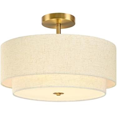 Imagem de Luminária de teto com 3 luzes semi-embutidas, luminária de teto dourada moderna de 15,7 polegadas com persiana de tecido de 2 camadas regulável perto da luz de teto para sala de estar, corredor