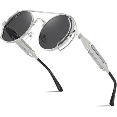 Imagem de FEISEDY Óculos de sol aviador para homens e mulheres, óculos hippie retrô Steampunk gótico redondo armação de metal B2351, Armação prateada com lente cinza e perna prateada