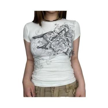 Imagem de Camiseta Cropped Feminina Branca Retrô Com Estampa Gráfica, Manga Curt