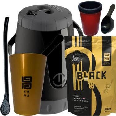 Imagem de Kit Para Tereré Black Erva Mate 500g Garrafa Lisa Copo Acrílico Dourad