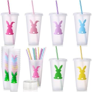 Imagem de Sunnychicc 12 peças de copos de plástico de Páscoa com tampas e canudos, copos de coelho de coelho, copo reutilizável a granel para chá e café para festa de dia de Páscoa, utensílios de bebida,