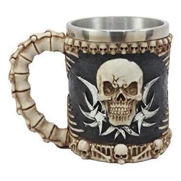 Imagem de Caneca de caveira tribal sorridente Ebros Caneca de cerveja com caveiras espinha esqueletal alça de ossos copo de café 325 ml para bebidas recipiente de bebidas
