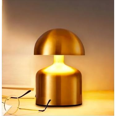 Imagem de LumináRia de Mesa, Abajur Led sem Fio, Cogumelo Candeeiro Dourado 3 Tons de Luz Bateria RecarregáVel Usb(Cogumelo redondo e curto)