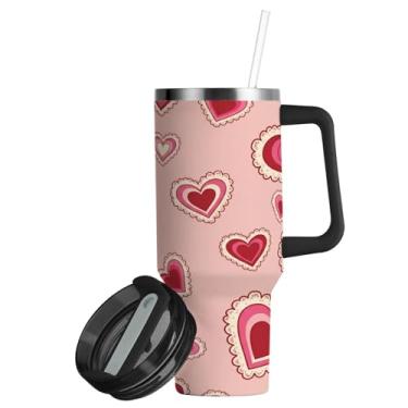 Imagem de ATTX Copo de coração concêntrico de 850 g Dia dos Namorados com alça, copo de aço inoxidável a vácuo de parede dupla com palha, caneca de café de viagem isolada #264