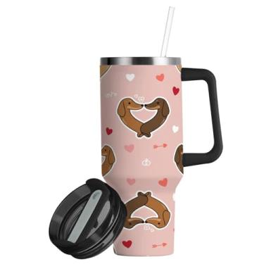 Imagem de ATTX Copo de Dachshunds de desenho animado do Dia dos Namorados de 850 g com alça, copo de aço inoxidável a vácuo de parede dupla com palha, caneca de café de viagem isolada #252