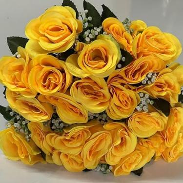 Imagem de Rosa Artificial Decorativa com 24 Flores – Buquê para Arranjos, Festas, Casamento e Decoração de Interiores(Amarela,Unidade)