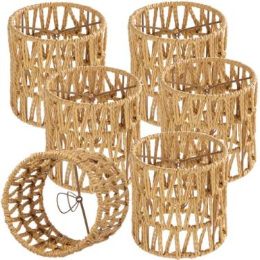 Imagem de 6 persianas de vime, abajur de vime com clipe, abajur de vela de candelabro, abajur tecido à mão de toque natural para lustres, pingentes, arandelas de parede, 13 x 13 cm
