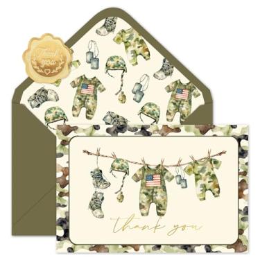 Imagem de Whaline 50 peças cartões de agradecimento para chá de bebê, cartões comemorativos com envelopes adesivos vintage verde camuflagem pano de bebê cartões de notas em branco para festa de aniversário, 10